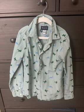 The Children's Place Green and Light Blue Striped Dinosaur Button-Up Shirt